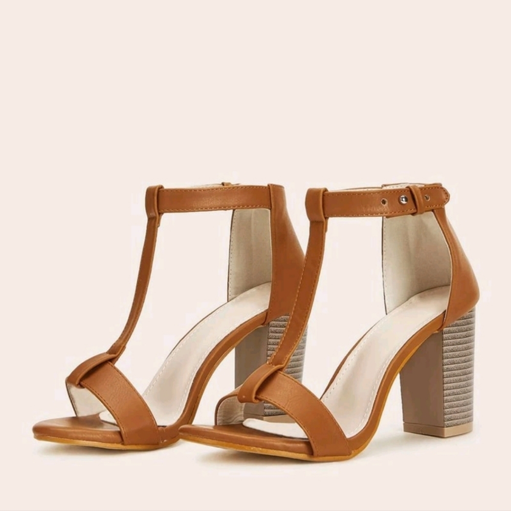 T-Strap PU Block Heeled Sandals